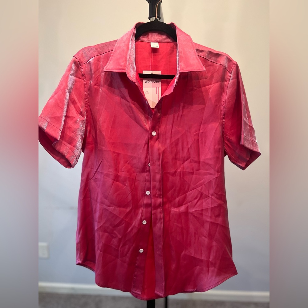 Pink WDIDARA iridescent shimmer button up shirt size small NWT